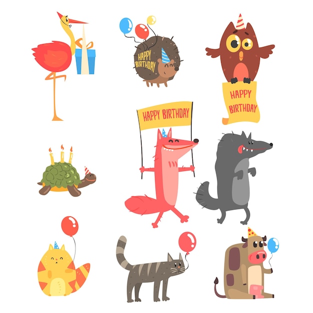 Animais divertidos com atributos de festa para as crianças feliz aniversário conjunto de personagens de desenhos animados da fauna