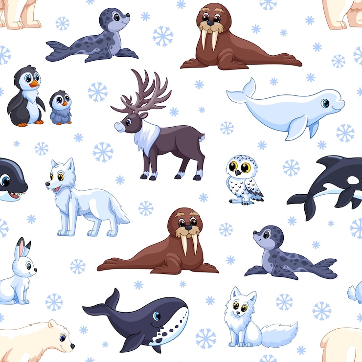 Vetor animais do ártico padrão de vida selvagem da antártida crianças norte da natureza fundo da paisagem polar animal nórdico fofo inverno textura sem costura vetor berrante