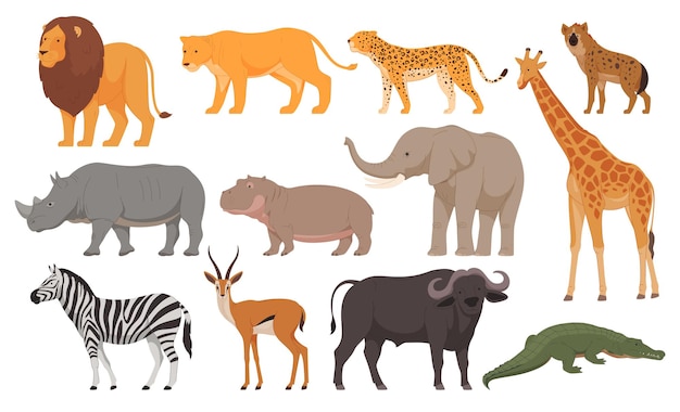 Animais do continente africano em estilo cartoon Carnívoros e herbívoros da área quente Ilustração em vetor