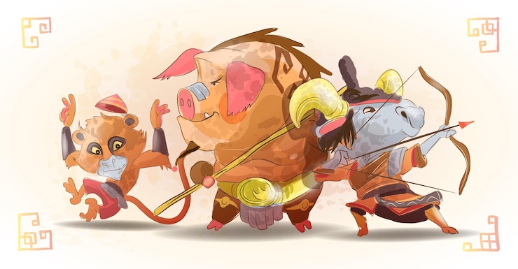 Vetor animais do zodíaco chinês personagens de desenhos animados de macaco porco cabra isolado ilustração desenhada à mão dos desenhos animados.