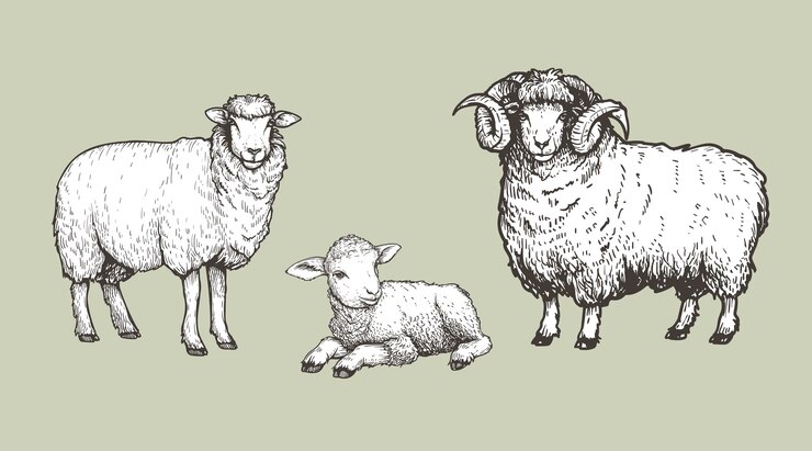 Animais domésticos definido carneiro e cordeiro Esboço desenhado à mão de estilo vintage Ilustrações vetoriais
