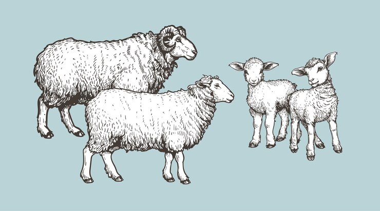 Animais domésticos montados carneiros e cordeiros Esboço desenhado à mão em estilo vintage Ilustrações vetoriais
