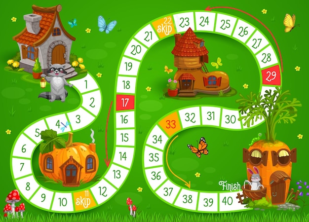 Animais dos desenhos animados e casas de fadas para crianças, jogo de tabuleiro ou quebra-cabeça