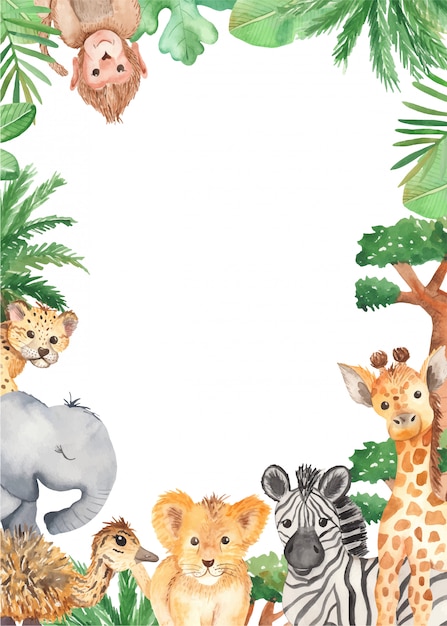 Vetor animais em aquarela moldura bonito dos desenhos animados da áfrica