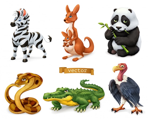 Animais engraçados. zebra, canguru, um urso, cobra cobra, crocodilo, abutre. conjunto de ícones 3d