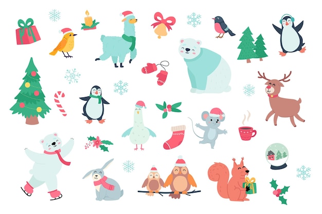 Animais felizes e feriados de inverno com elementos de desenho bonito em pacote de design plano de presentes lama
