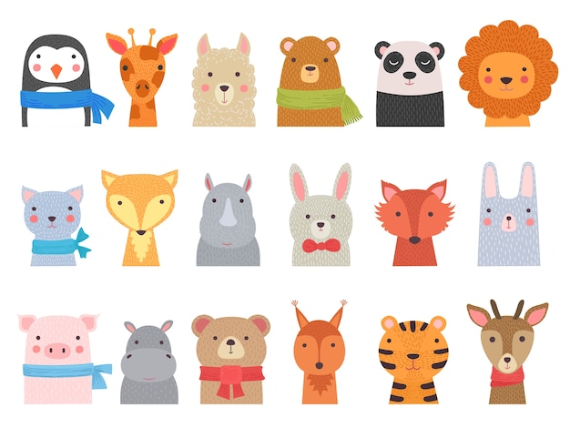 Animais fofinhos. crianças engraçado alfabeto selvagem animais hipopótamo raposa urso coleção desenhada de mão. ilustração fofa raposa e girafa, personagem gato e hipopótamo