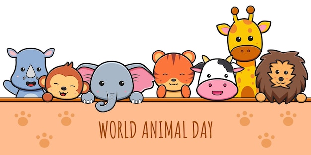 Vetor animais fofos celebração mundo animal dia cartoon ícone clipart ilustração. projeto isolado estilo cartoon plana