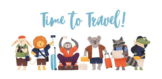 Animais fofos com bagagem ou bagagem viajando na época do feriado. turistas ou viajantes de mamíferos divertidos e engraçados vestindo roupas. ilustração em vetor plana texturizada isolada no fundo branco.