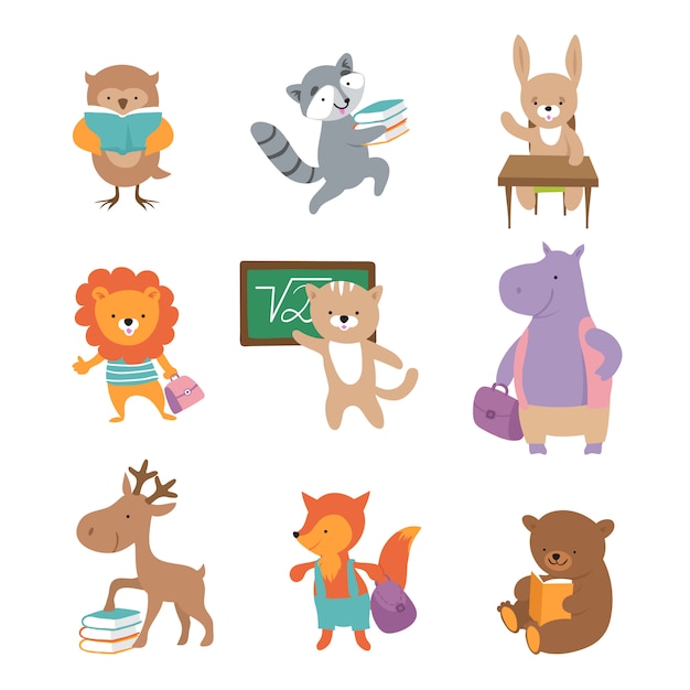 Animais fofos da escola. Urso guaxinim leão lebre raposa hipopótamo, alunos com livros e mochilas. Voltar para os personagens da escola