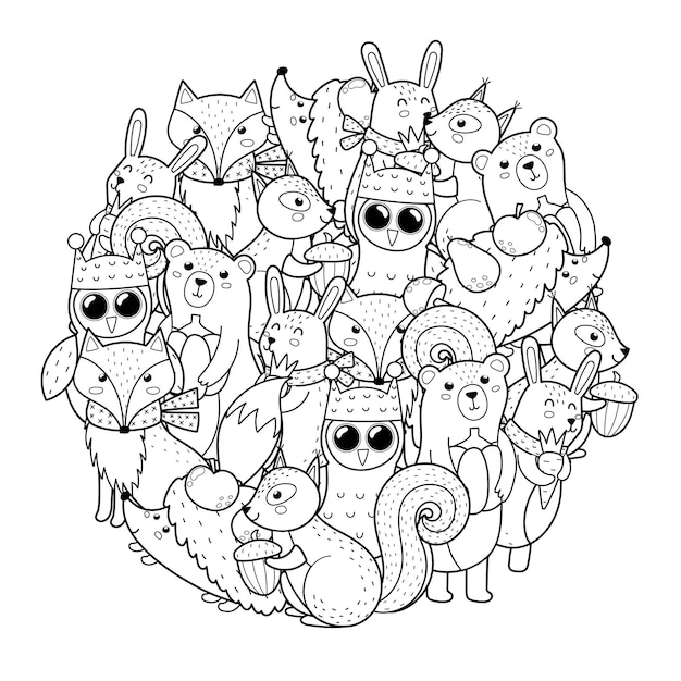 Animais fofos da floresta padrão de forma de círculo para livro de colorir mandala de personagens da floresta de outono