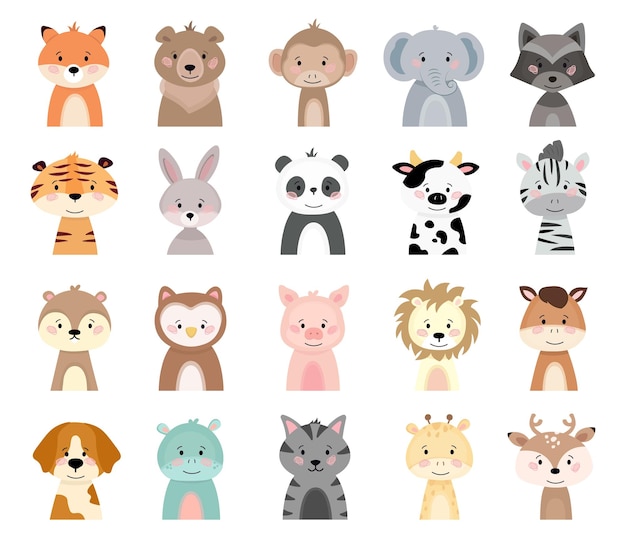 Animais fofos de desenho animado para cartão de decoração infantil ou design de quarto conjunto de animais infantis sorridentes