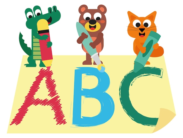 Animais fofos desenham letras abc e as pintam