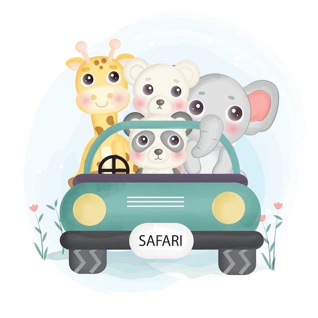 Animais fofos do safari situando-se em um carro no estilo de aquarela.
