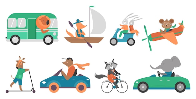 Animais fofos em ilustração de conjunto de transporte de velocidade