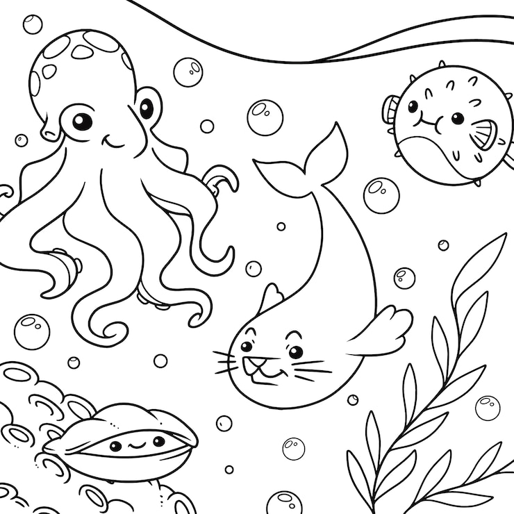 Vetor animais marinhos desenhados à mão ilustração de página de colorir