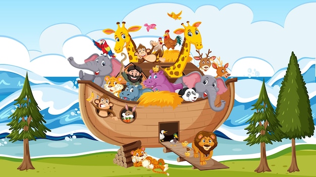 Animais na arca de noé flutuando na cena do oceano