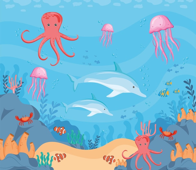 animais sealife ícones de cena submarina