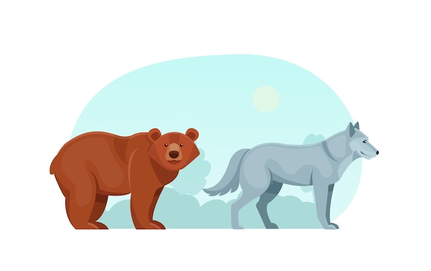 Animais selvagens bonitos da floresta, ursos marrons e vetor de desenho plano de lobo