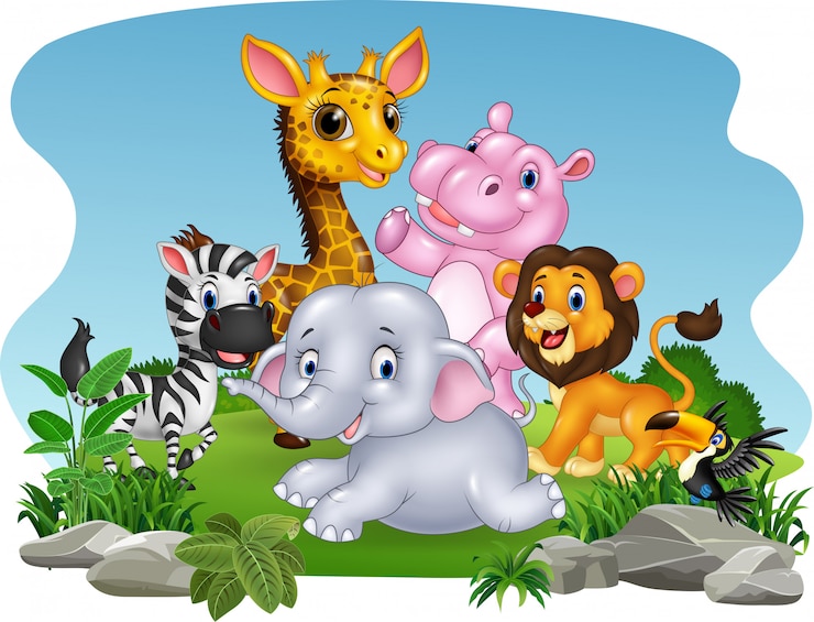 Vetor animais selvagens dos desenhos animados na selva