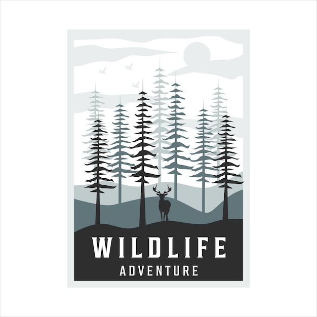 Animais selvagens na floresta poster vintage design de ilustração vetorial ao ar livre. banner gráfico do modelo de aventura de deer pines hill