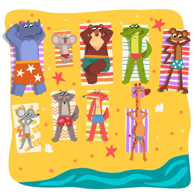 Animais selvagens tomando banho de sol na praia, personagens de desenhos animados de animais fofos relaxando à beira-mar em