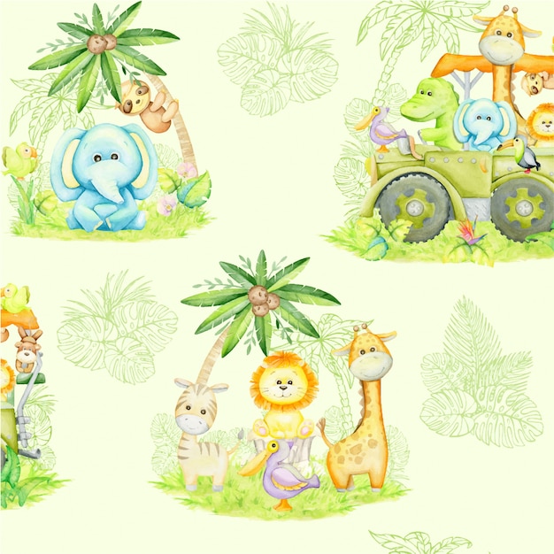 Animais tropicais, plantas, flores, suv ... estilo aquarela