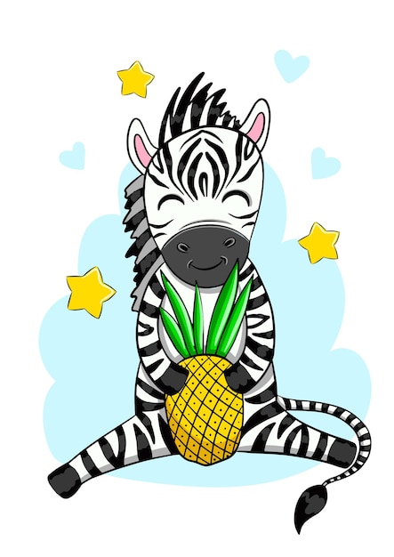 Animal africano bonito vetor em zebra estilo cartoon com abacaxi