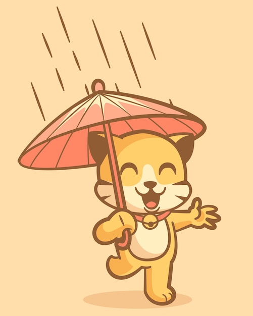 Animal bonitinho de desenho animado com guarda-chuva quando chove, mascote