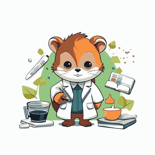 Animal bonito em casaco de laboratório com uma xícara de café ilustração vetorial