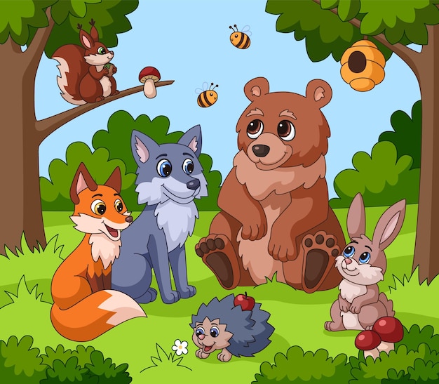 Animal bonito na floresta. animais dos desenhos animados, crianças desenhando o fundo da floresta. esquilo engraçado, raposa coelho urso perto de uma árvore extravagante ilustração vetorial para crianças