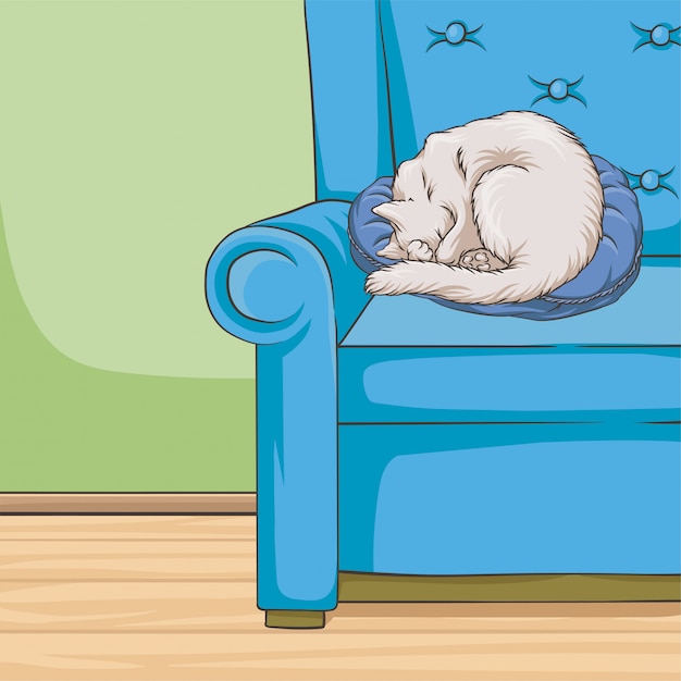 Animal de estimação bonito gato branco dormindo em uma poltrona azul, quarto interior vintage style home ilustração