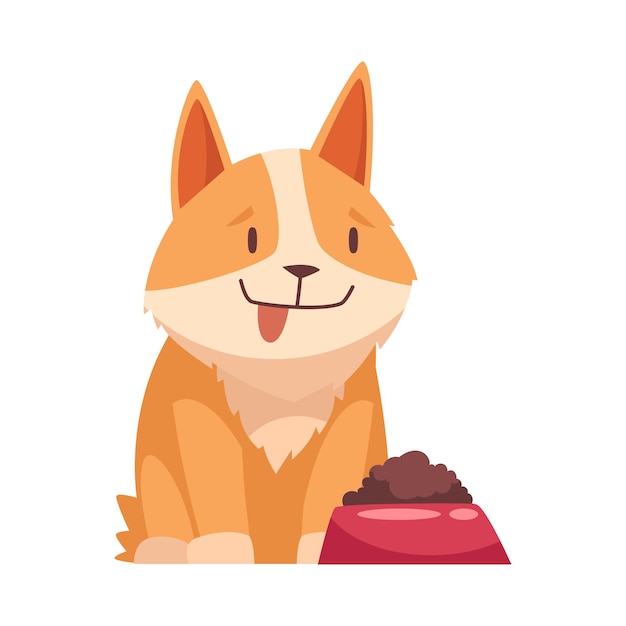 Animal de estimação de desenho animado com cachorro fofo e sua tigela com comida