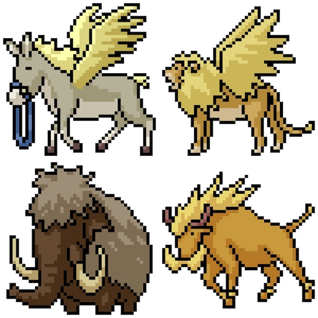 Vetor animal de fantasia isolado de pixel art definido