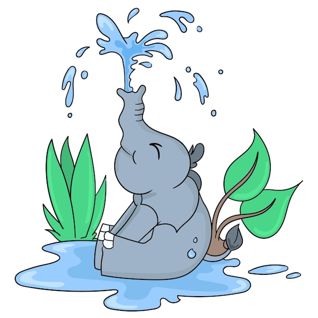Animal elefante feliz tomando banho na água. emoticon de adesivo de ilustração de desenho animado