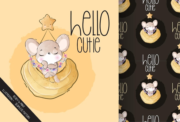 Animal fofo bebê rato feliz na lua padrão sem emenda