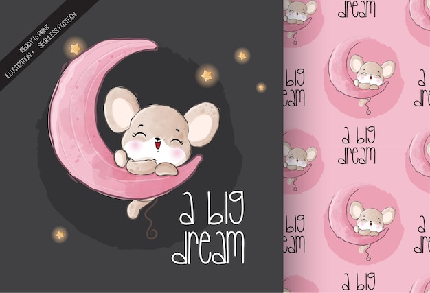 Animal fofo bebê rato feliz na lua padrão sem emenda