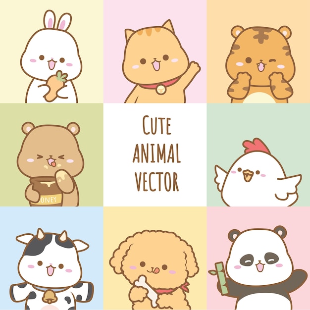 Animal fofo vetor coelho gato tigre urso galinha vaca cão panda ilustração fofa