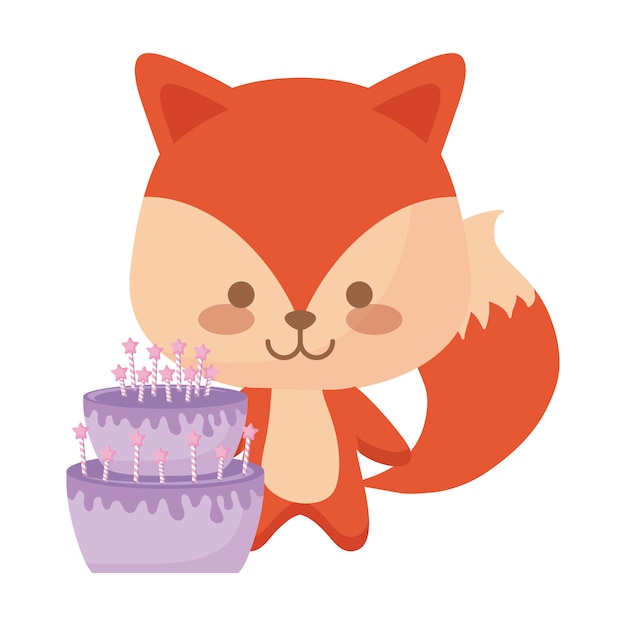 Animal fox fofo com bolo de aniversário