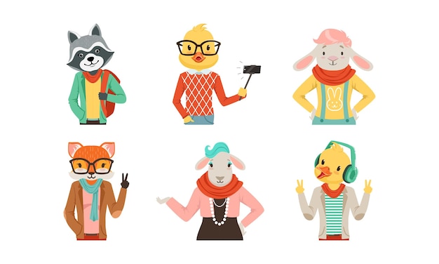 Animal Hipster com corpo vestido com roupas humanas e conjunto de vetores de roupas