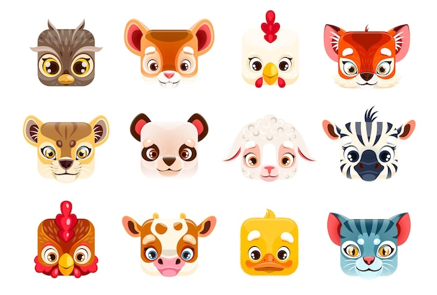 Vetor animal kawaii enfrenta personagens de zoológico de desenhos animados quadrados