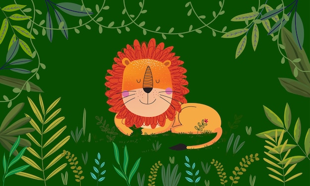 Animal leão de desenho animado bonito com plantas florais em fundo desenho de ilustração de vida selvagem vetorial