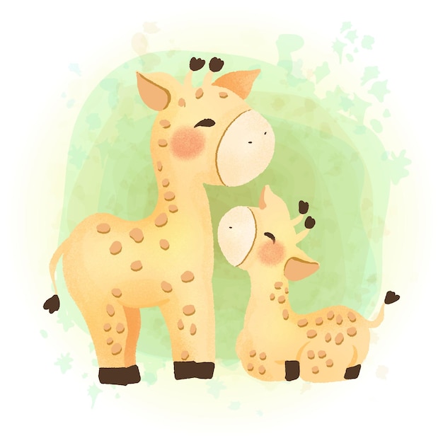 Vetor animal mãe e bebê girafa em estilo aquarela para comemoração do dia das mães