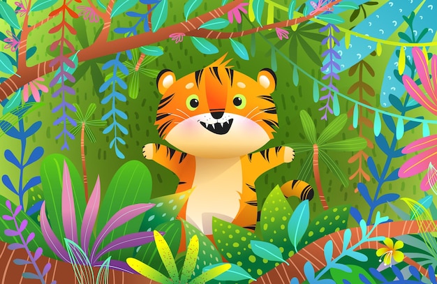 Animal tigre em design infantil colorido da selva africana