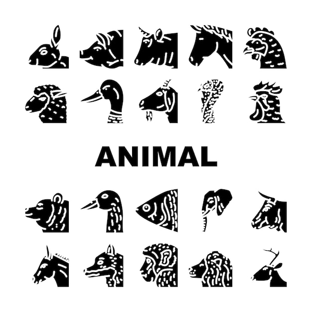 Animal zoológico animal de estimação face farm ícones set vetor