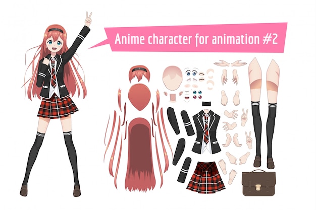 Anime mangschoolgirl em saia tartan vermelha, meias e mochila. personagem de desenho animado em estilo japonês