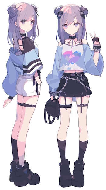 Anime menina personagem conjunto folha roupas modernas isoladas em branco fundo vetor