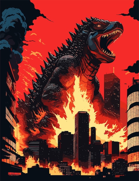 Vetor anime monstro kaiju na cidade arte vetorial fundo vermelho