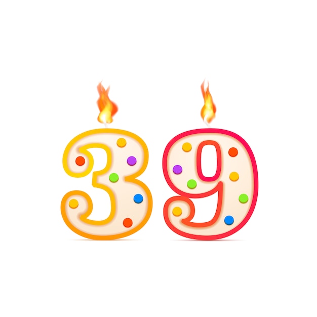 Aniversário de trinta e nove anos, número 39 em forma de vela de aniversário com fogo branco