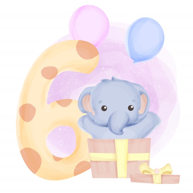 Vetor aniversário do elefante sexto bebê animal bonito para crianças